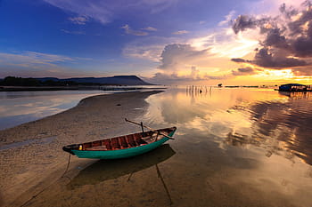 green, brown, boat, seashore, golden, hour, sunset, the boat, the fishermen, sky, clouds