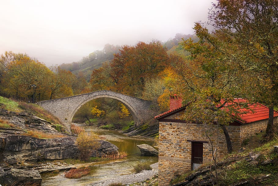 řeka, Dům, panoráma, architektura, krajina, nebe, historický, budova, Řecko, kozani, chrysaugi