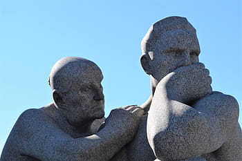 two man statue, statues, sculpture, oslo, vigeland, park, norway, fogner, blue sky, sadness, comforting