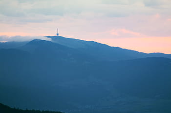 rádio věž, hory, ráno, mlha, svítání, siluety, mraky, televizní věž, stožár, hora, švýcarsko