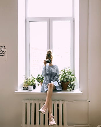žena, zkřížené, nohy, okno, práh, Dům, Modelka, móda, dívka, ženský, lidé