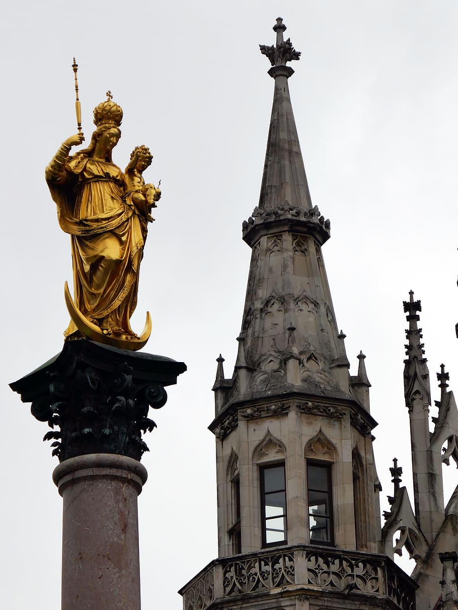 marian column, marienplatz, town hall square, munich, figure, towers, places of interest, virgin mary