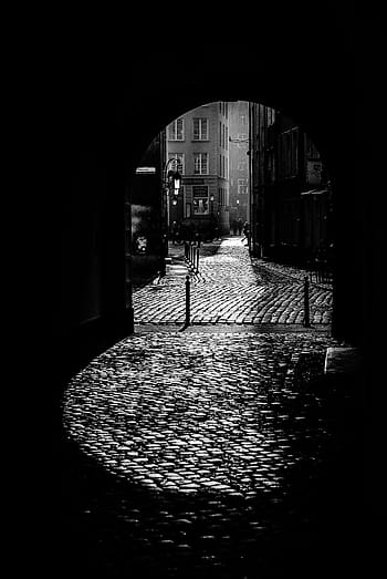 silhouette of tunnel, black and white, dark alley, the old town, pavement, monument, architecture, old buildings, dark street, poland, gdańsk