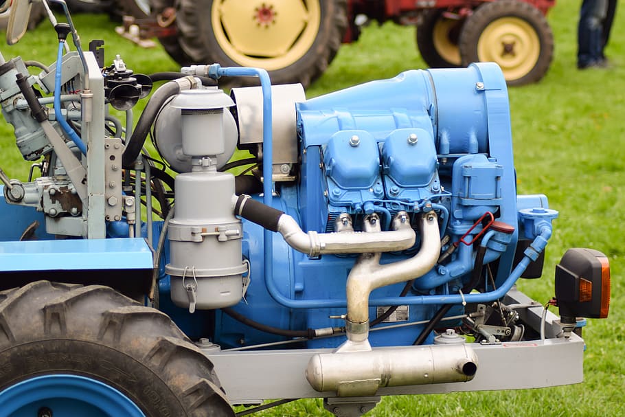 blue, gray, machine, grass, motor, tug, four-cylinder, commercial vehicle, eigenbau, tractors