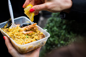 seafood paella takeaway, Seafood, paella, takeaway, eating, hands, rice, shrimps, Spanish, food, human Hand