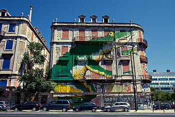 grande, murale di arte di strada del coccodrillo, parete, costruzione, Portogallo., catturato, canon dslr, coccodrillo, murale, Lisbona, Portogallo