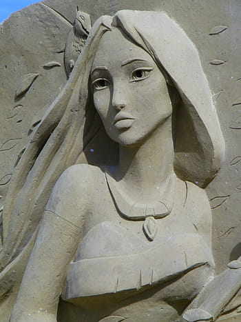 pocahontas sochařství, festival, pískové sochy, touquet, disney, charakter, pocahontas