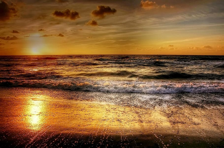 tělo, voda, horizont, západ slunce, moře, Dánsko, abendstimmung, západ slunce moře, romantický, mraky, večerní obloze