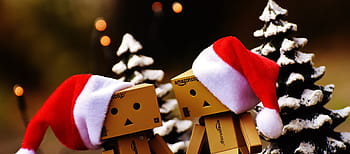 hnědý, kartonové roboty, Červené, vánoční čepice tapeta, danbo, Vánoce, postava, spolu, ruku v ruce, milovat, jednotnost