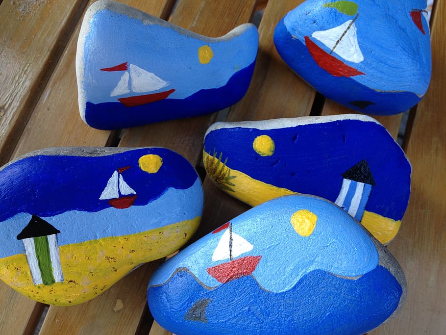 paint, rock, drawing, painted, stone, play, summertime, boat