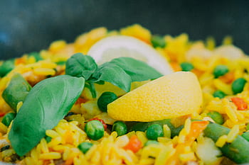 paella, rice, peas, lemon, food, healthy, vegetables