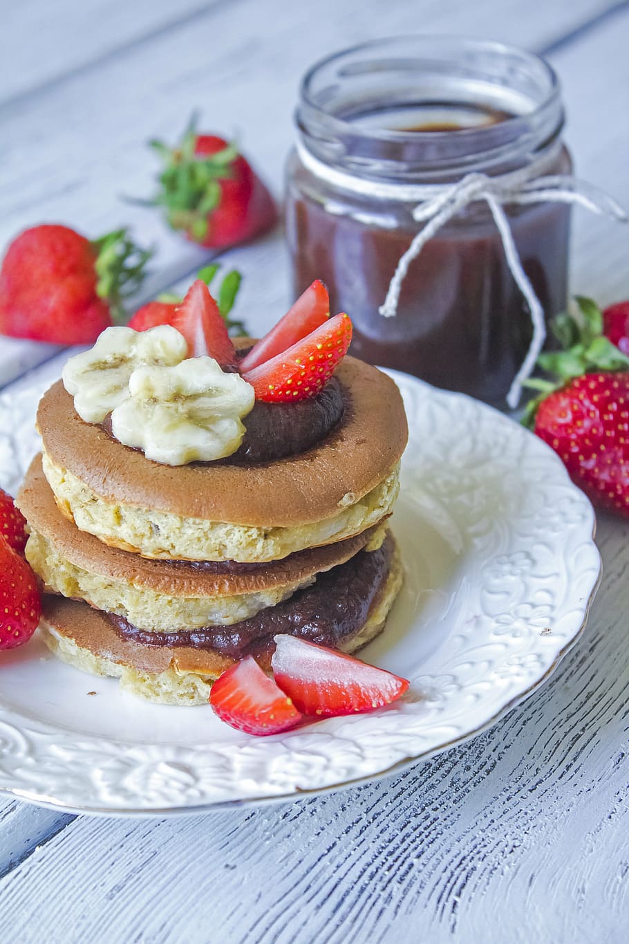 pancake, strawberries, jam, plate, food, hash browns, pancakes, nutrition, appetizing, calories, breakfast