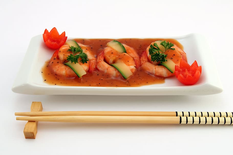 shrimp dish, white, ceramic, plate, Broiled, Calories, Catering, Cellulite, chinese, cholesterol, chop sticks