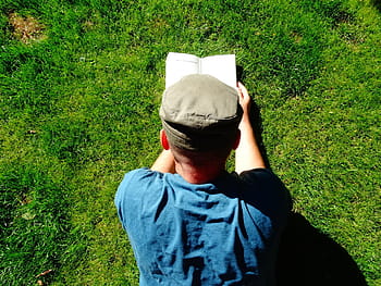 man, lying, green, grass, reading book, daytime, read, book, books, relax, garden