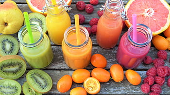 Pět, Průhledná, skleněné nádoby, naplněné, roztříděný, ovocné džusy, smoothies, ovoce, barvitý, vitamíny, zdravý