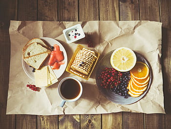 breakfast, snack, fruits, bread, coffee, tea, cracker, food