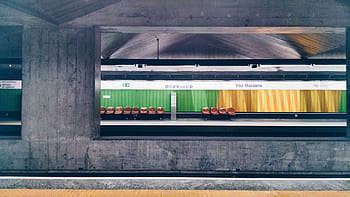 nepojmenovaná, stanice, metro, vlak, kolejnice, kůlny, prázdný, židle, zeď, přeprava, nikdo