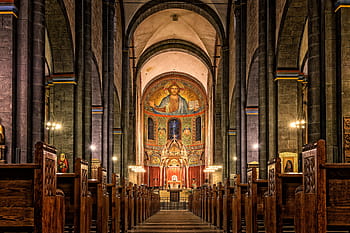 brown, concrete, church, interior, taken, daytime, dom, house of worship, altar, religion, church pews