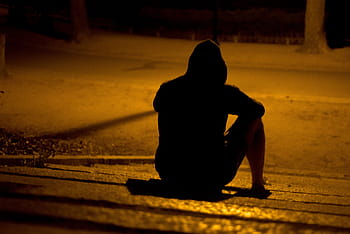 silhouette, person, sitting, pathway, nighttime, man, lonely, park, night, dark, mystery