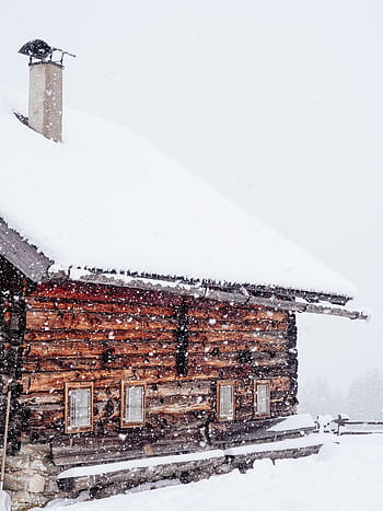 brown, wooden, house, covered, snow, architecture, winter, cold, weather, roof, chimney