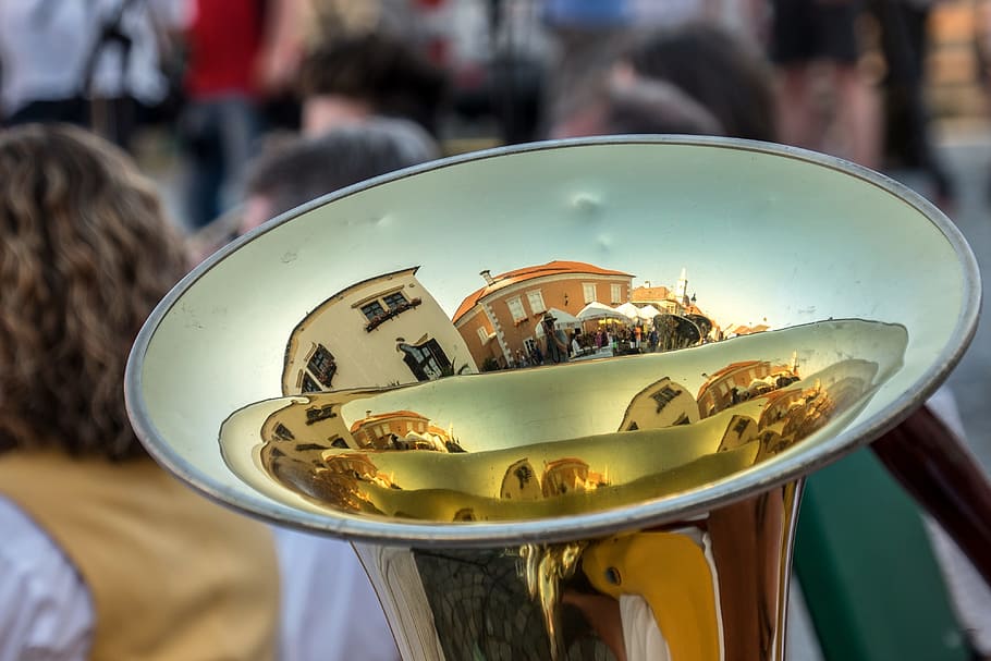 zrcadlení, hudba, hudební nástroj, lesk, tuba, nástroj, odraz, dmychadla, rez neusiedlersee, festival