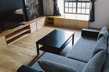 apartemen loteng, penuh, seni, Modern, interior, desain interior, kamar, apartemen, lukisan, dinding gelap, dinding bata