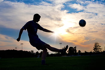 silueta fotografie, muž, kopal, míč, západ slunce, sport, hráč, Fotbal, hrát si, sportovní