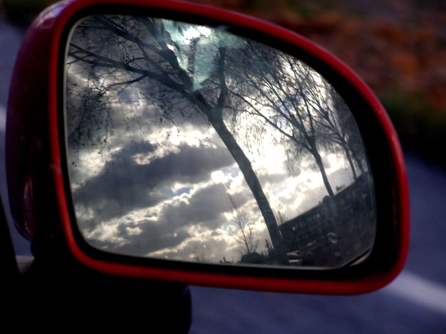 Rearview Mirror, Mirror, Reflection, Red, Car, reflection, red, car, car mirror, side mirror, mirror image, mirror, the second plan