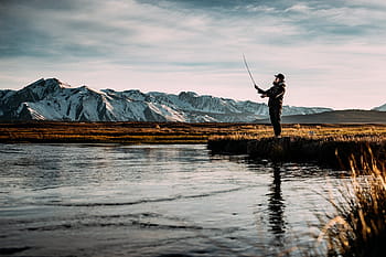 man fishing, lake, nature, water, mountains, snow, fishing, sky, clouds, people, man