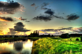 krajinářské fotografie, hrad, tělo, voda, zelená, tráva, u, fotografie, západ slunce, nebe, svítání