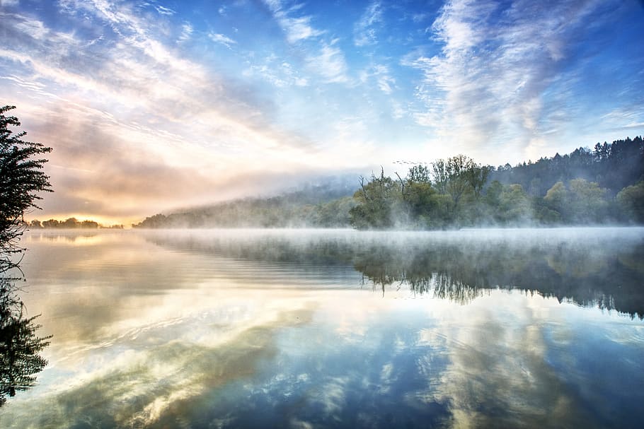 krajinářské fotografie, mlha, hora, jezero, voda, Příroda, krajina, nálada, svítání, zemní mlha, bezbarvý