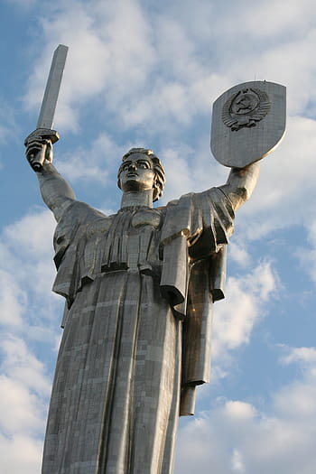 mother motherland, monument, kiev, birthplace, sculpture, sword, height, blue sky, ukraine, shield, metal
