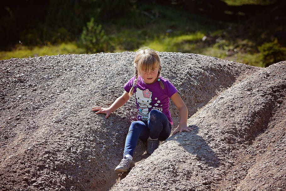 person, human, child, girl, sand hill, stone hill, slip, nature, in motion