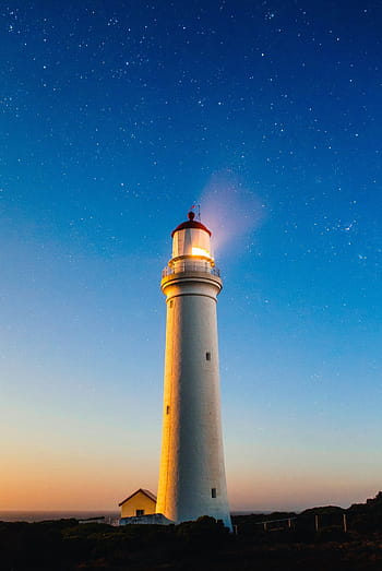 bianca, fotografia del faro, notte, faro, oceano, mare, luce, costa, avvertimento, crepuscolo, tramonto