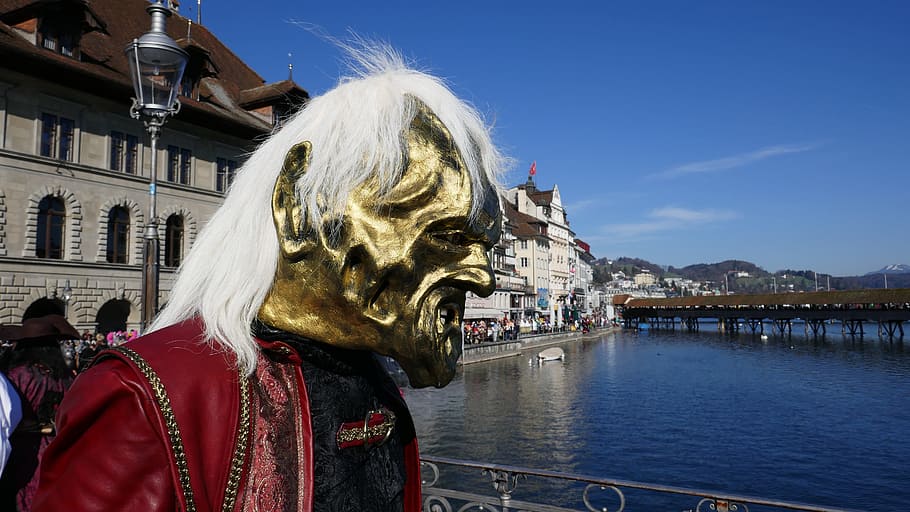 karneval, vojtěška, maska, panel, čas, vodárenská věž, kaple most, švýcarsko, exteriér budovy, kostým, venku