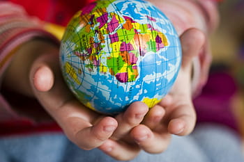 person, holding, blue, terrestrial, globe, hand, world, ball, keep, child, earth