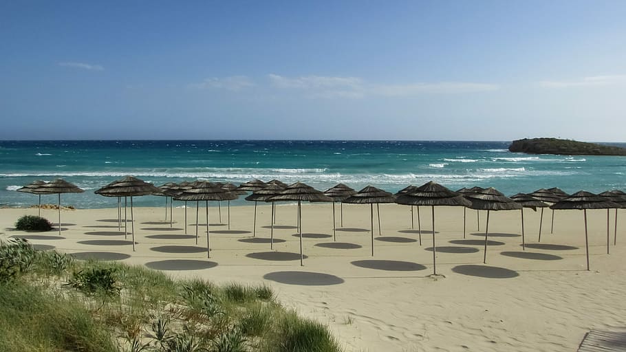 spiaggia, gli ombrelli, sabbia, Cipro, ayia napa, spiaggia di nissi, mare, orizzonte sull'acqua, acqua, Paesaggi, cielo