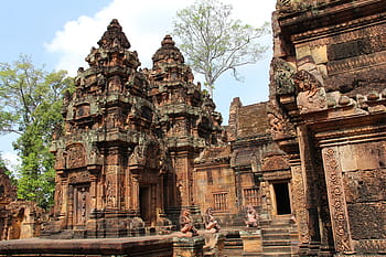 brown concrete temple, banteay srei, temple, travel, antique, old, beautiful, angkor wat, siem reap, cambodia, asia
