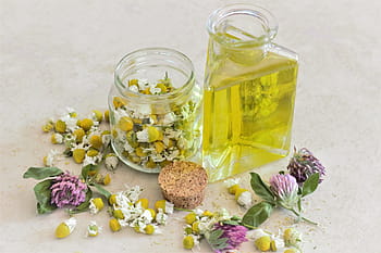 Gelb, Blumen, klar, Einmachgläser, Kamille, Öl, Aromatherapie, Kräuter-, Behandlung, Massage, Flasche