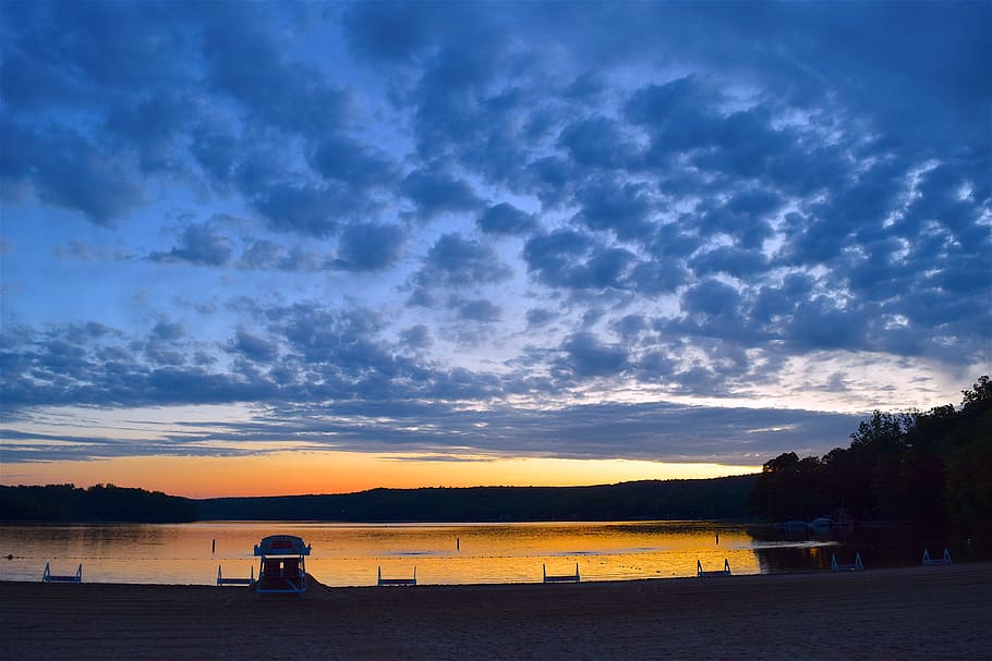 lake, sunset, clouds, sky, water, landscape, nature, reflection, horizon, sunlight, evening