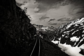 train rail, side, mountain, grayscale, photography, rail, road, middle, tall, ice, mountains