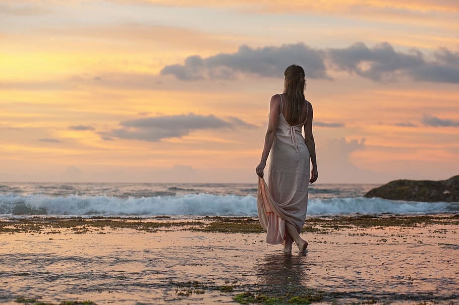 woman, white, dress, walking, body, water, sunset, beach, looking, dusk, evening