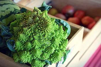 brown wooden crate, romanesco, vegetable, broccoli, cauliflower, market, organic, healthy, food, raw, summer