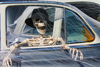 člověk, kostra, uvnitř, auto malování, dekorace, předvečer Všech svatých, smrt, rozdrcený, smrt vozidla, halloween výzdoba, halloween dekorace