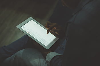 osoba, hospodářství, dojemný, ipad, technologie, miniaplikace, přenosný, tableta, písní, seznamu skladeb, jedna osoba