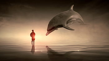 fantasy, man, dolphin, flying, water, sky, light, fairy tales, mystical, dream, landscape
