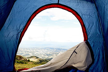 persoon, blauw, tent, reizen, camping, natuur, landschap, gras, hemel, berg-, buitenshuis