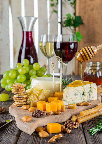 brown, wooden, board, cheese, biscuits, pouring, honey, table, cheese plate, wine, snacks