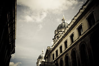 white establishment, bottom, view, building, daytime, sky, clouds, buildings, stones, wall, arches