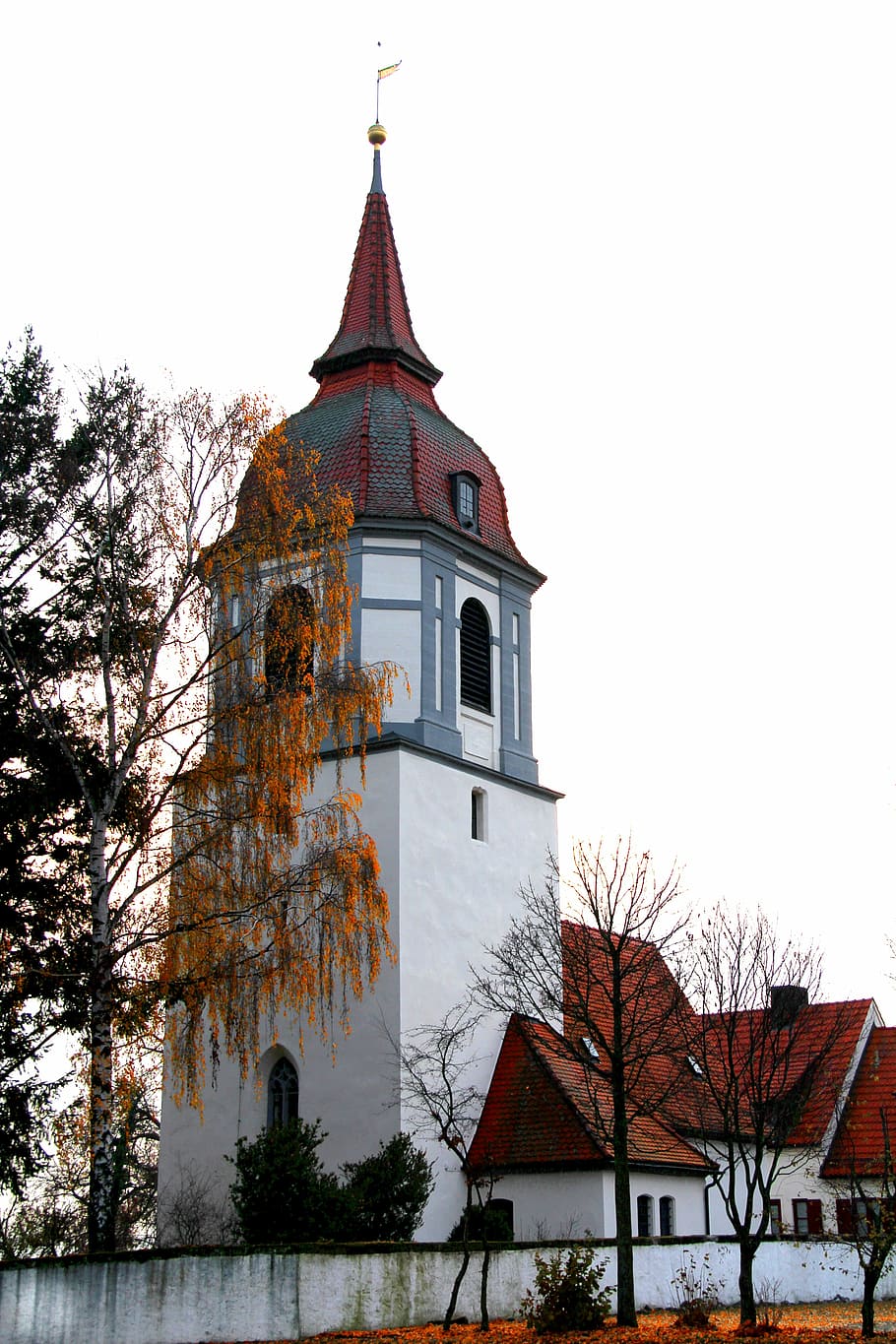 kostel, architektura, budova, Červené, architektura, budova, dům uctívání, kostelní věž, podzim, listy, náboženství, strom